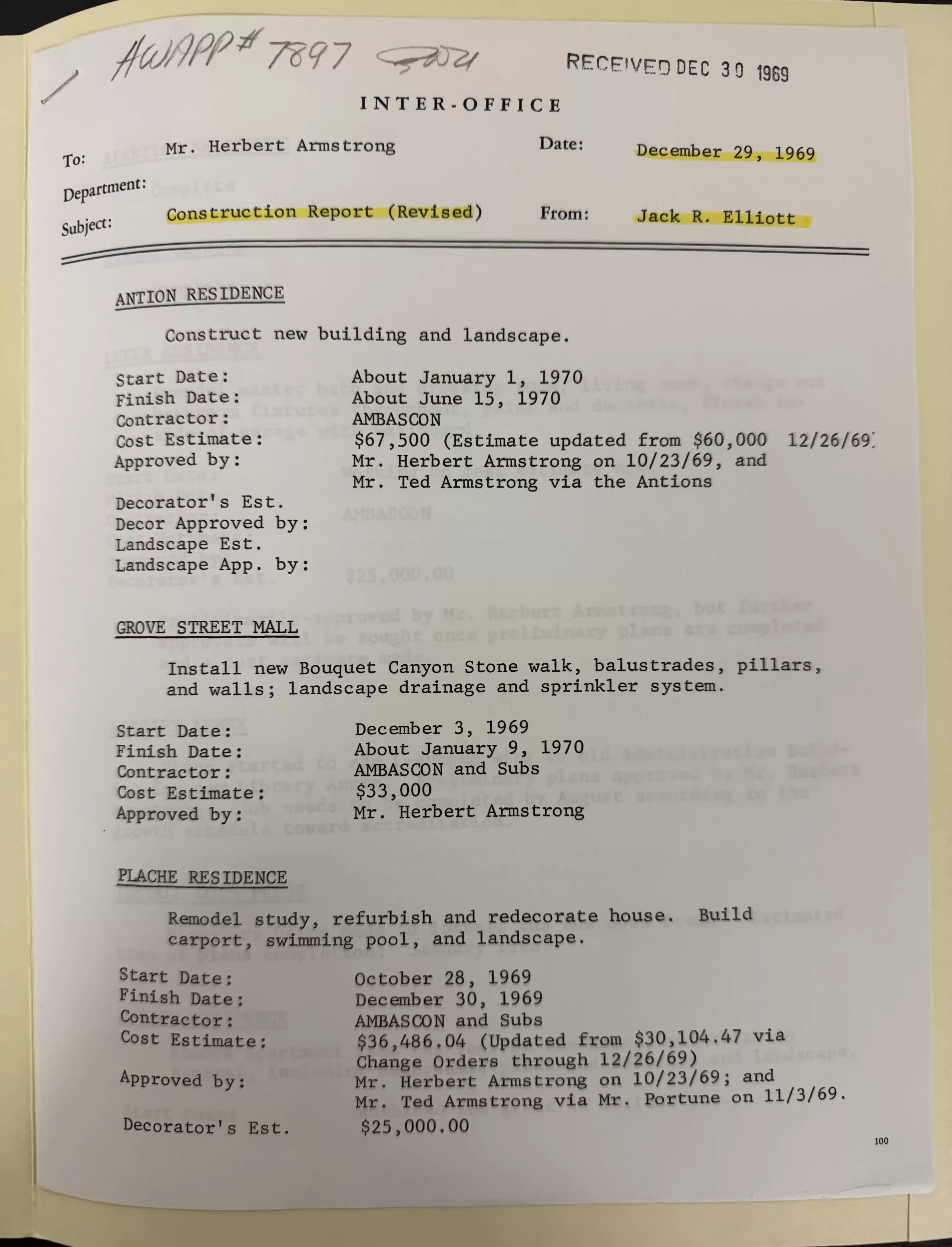 Inter-office Memo 29Dec1969-Construction Report